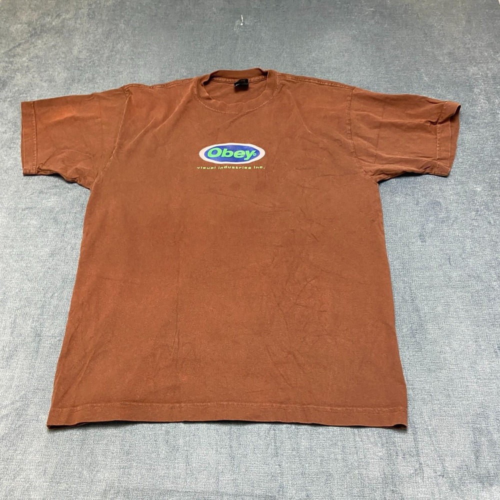 OBEY T Shirt Mens Large Brown Wordmark Logo Cotton All Day Comfort Short Sleeve